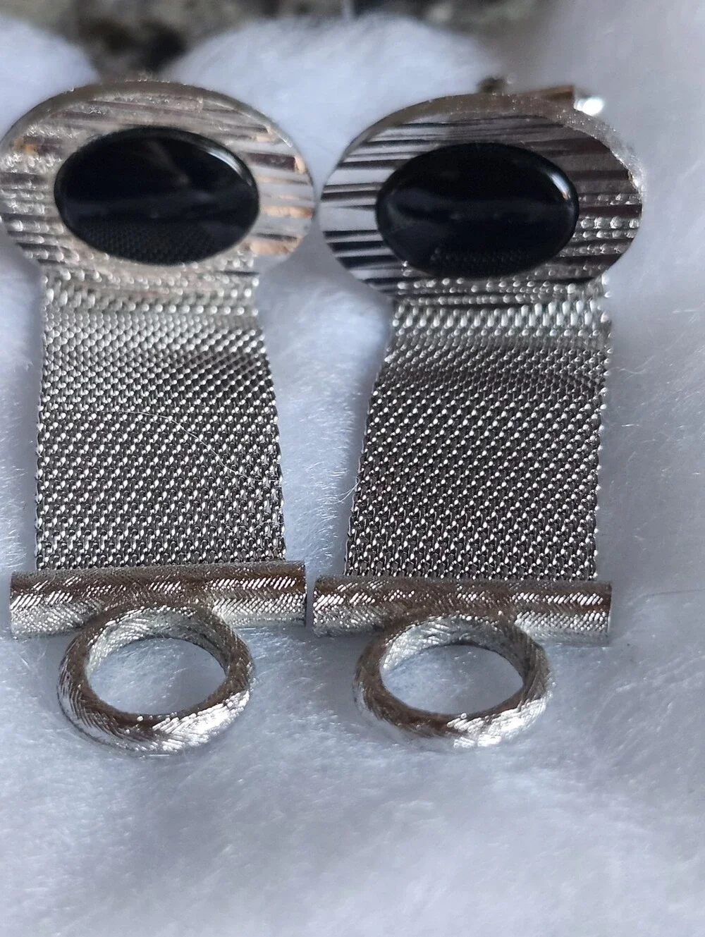 Vtg DANTE Silver Tone Mesh Cufflinks with Black Oval Inlay